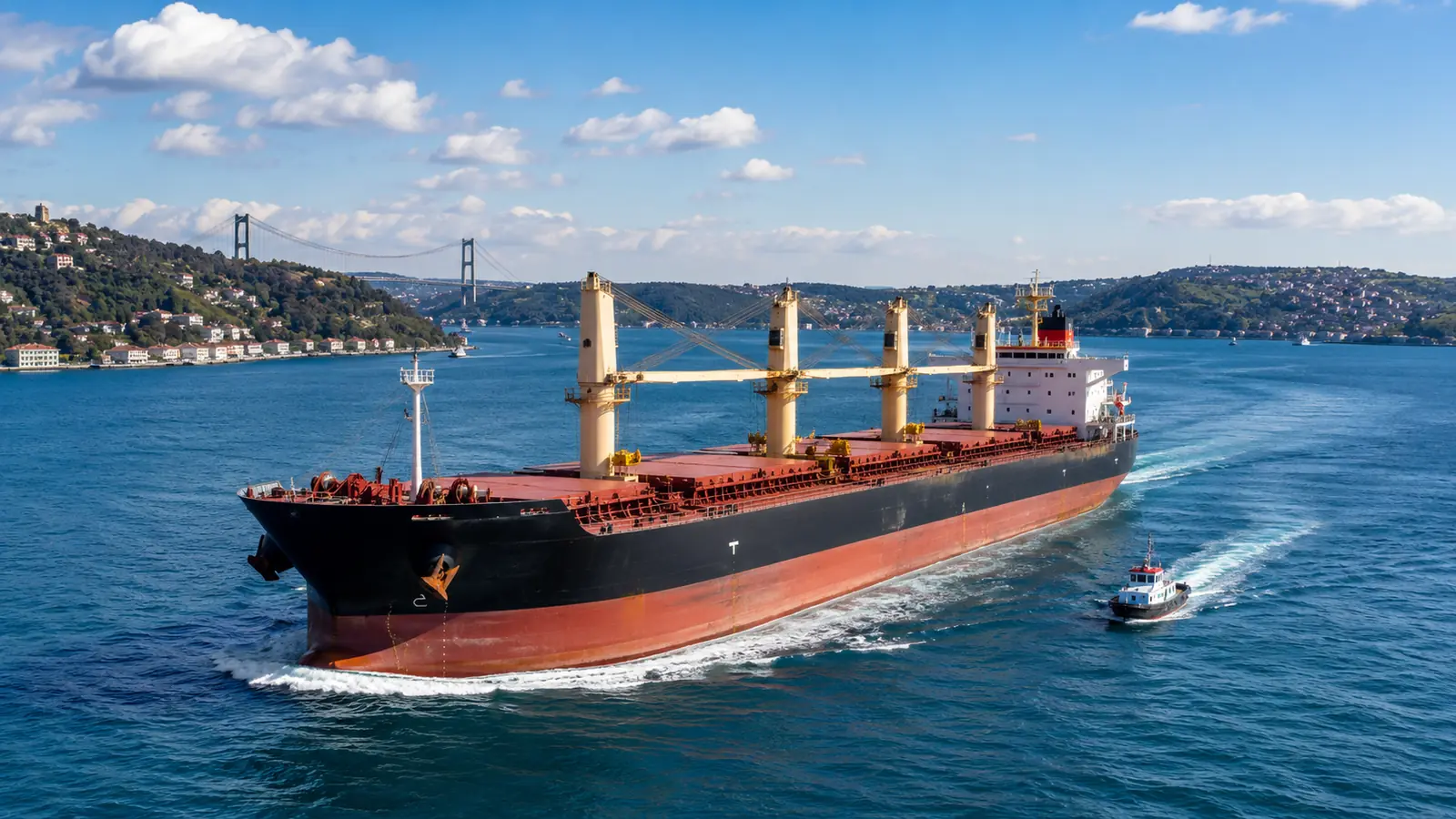 A cargo ship crossing a wide blue strait in clear daylight, a pilot boat behind