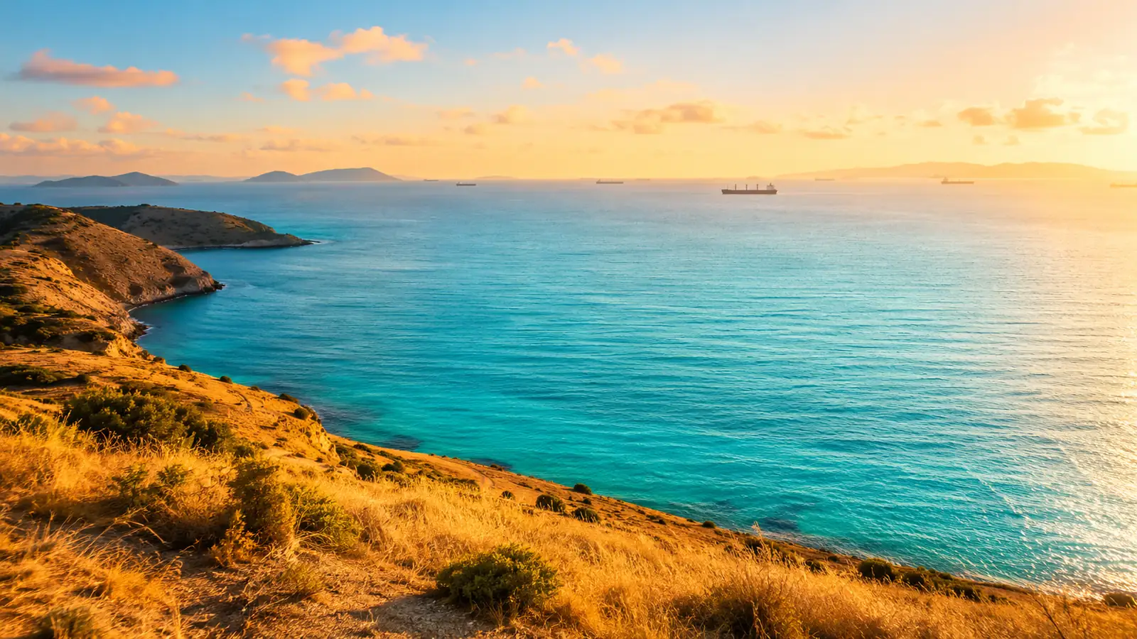 A wide sea channel at golden hour, distant ship silhouettes on the horizon and sunlit coastal hills