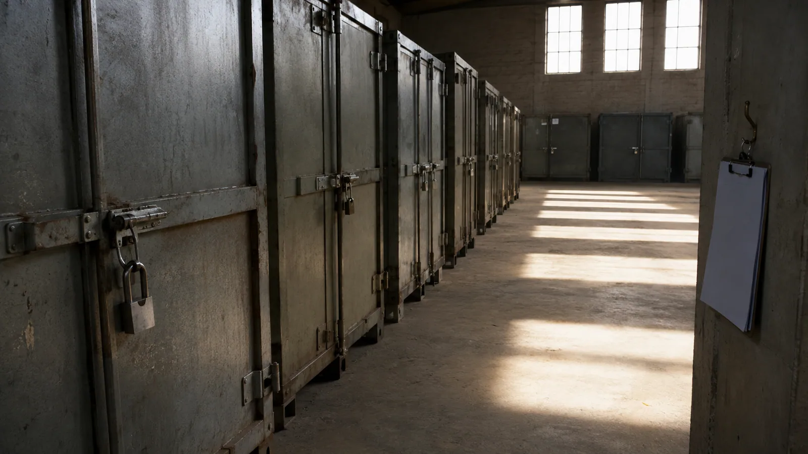 A sealed storage warehouse — padlocked containers and a blank clipboard