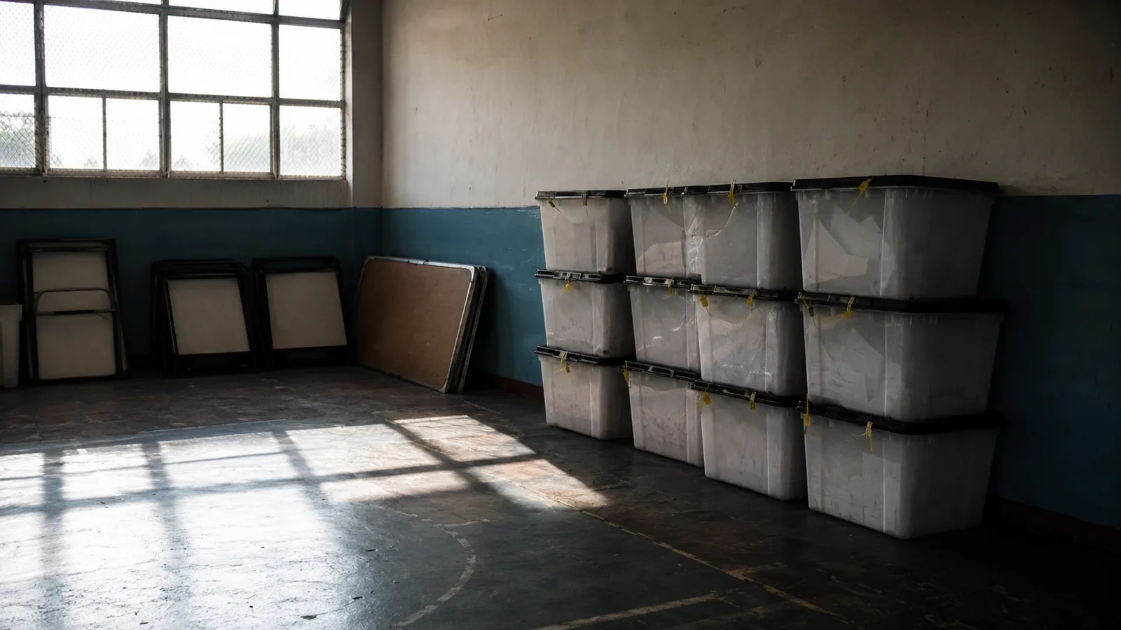 Sealed ballot boxes stacked in a gymnasium corner after a regional voting round