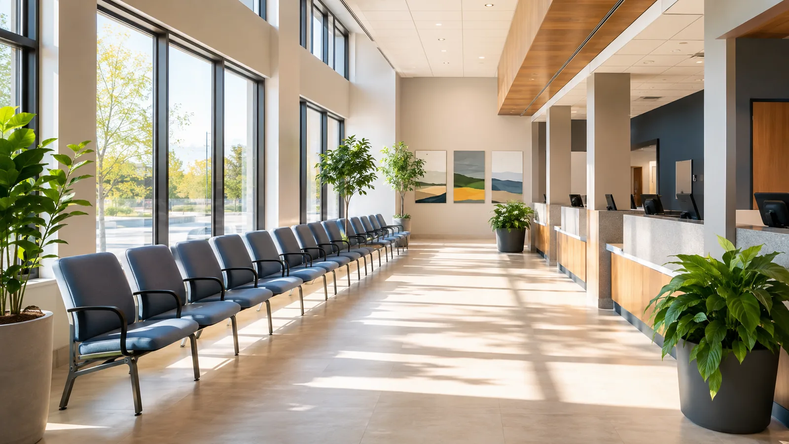 Empty chairs in an employment office corridor — a counter blind half drawn