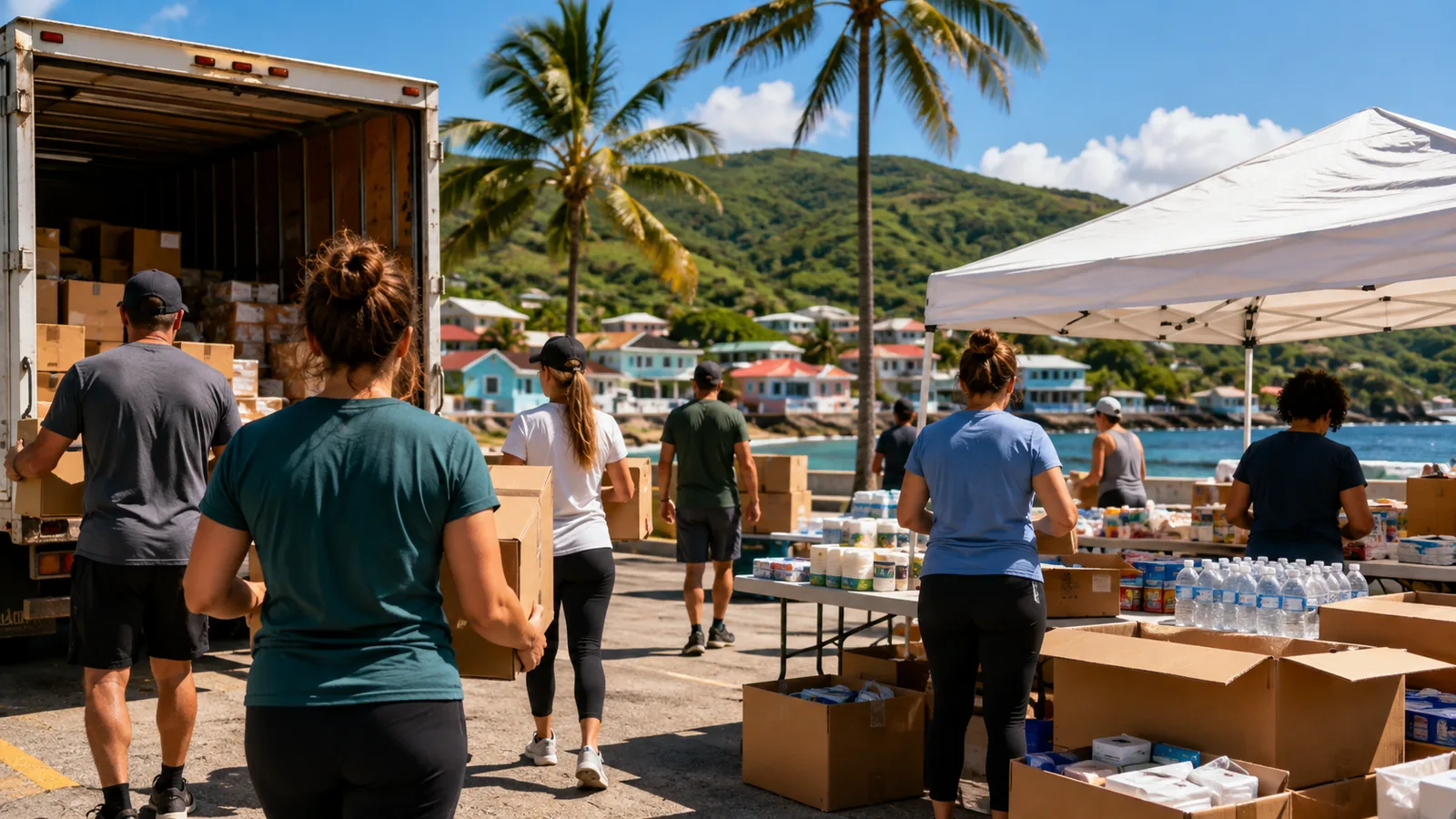 A coastal relief staging area in morning light, volunteers seen from behind unloading supplies