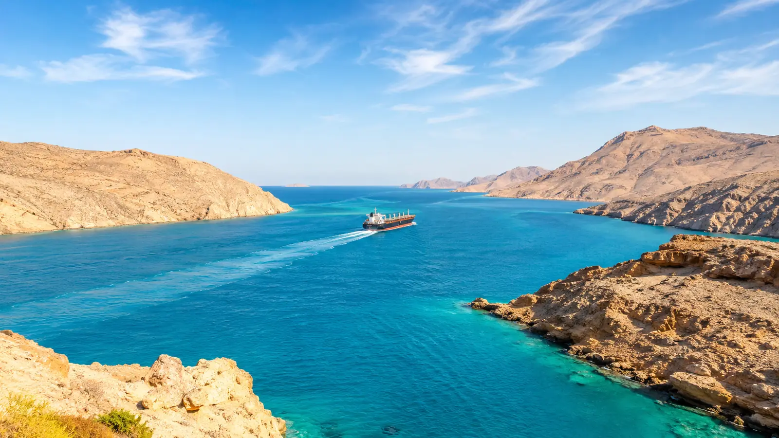 A sunlit strait between rocky coasts, a cargo vessel passing