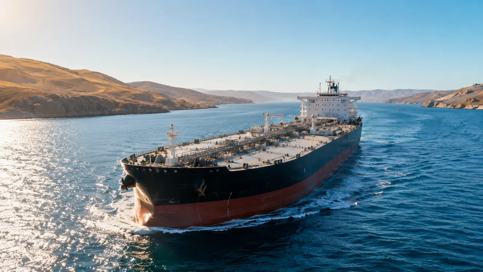 A large oil tanker crossing a wide blue strait in bright morning light, low coastal hills on either side