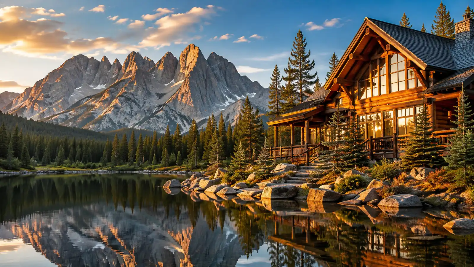 A lakeside lodge at dawn beneath granite peaks