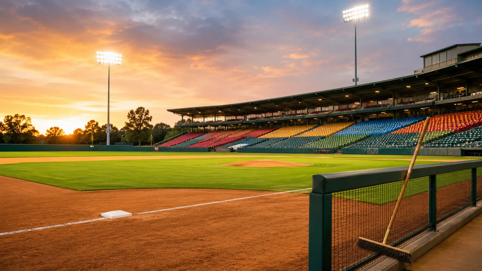 A baseball stadium at dusk, lights coming on over a freshly groomed field