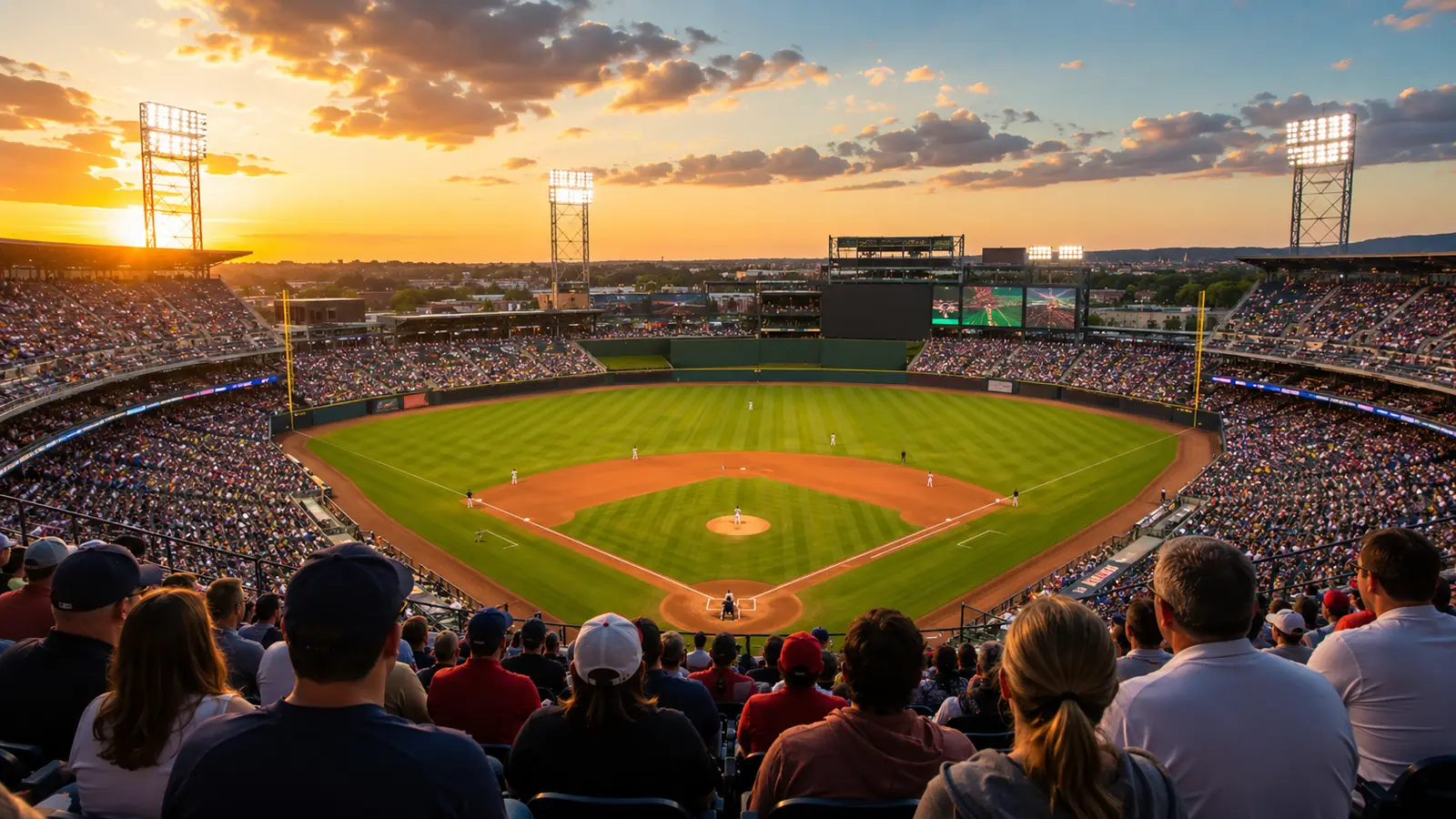 A baseball stadium at dusk, floodlights coming on over the field and a crowd seen from behind