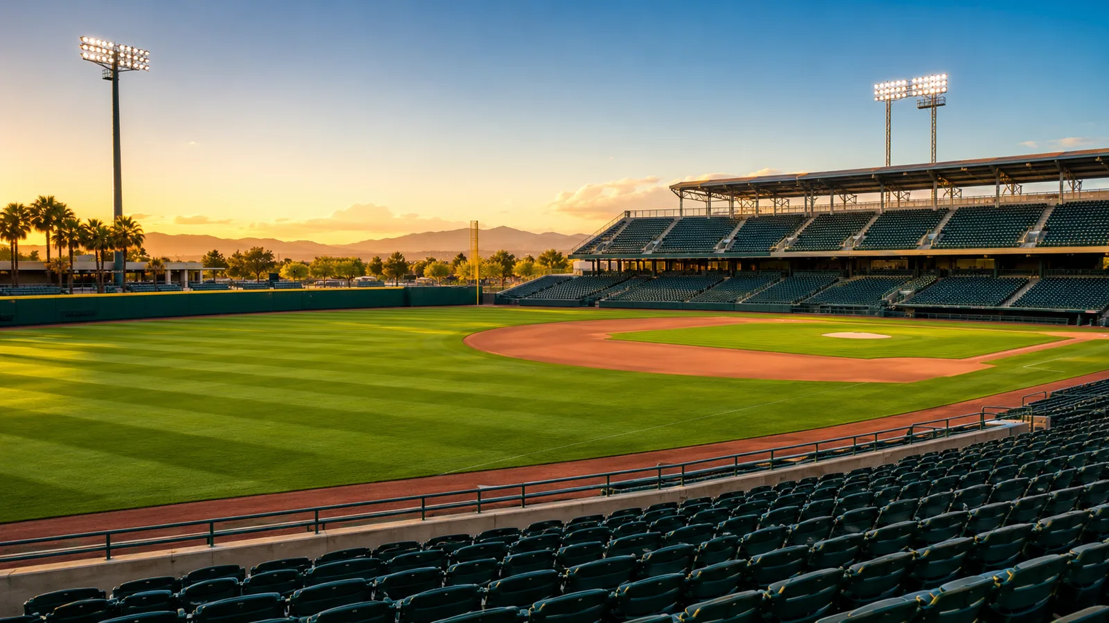 A baseball stadium in warm early-evening light, glowing outfield grass and clean infield arcs below empty stands
