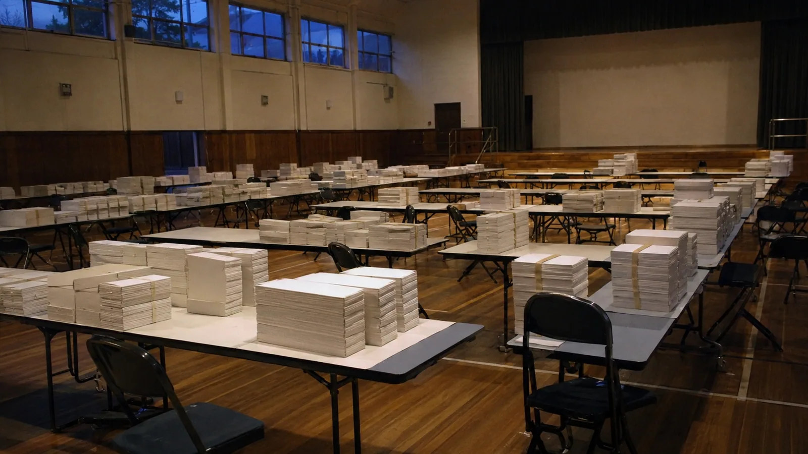 A counting hall after the announcement — sealed ballot boxes on long tables