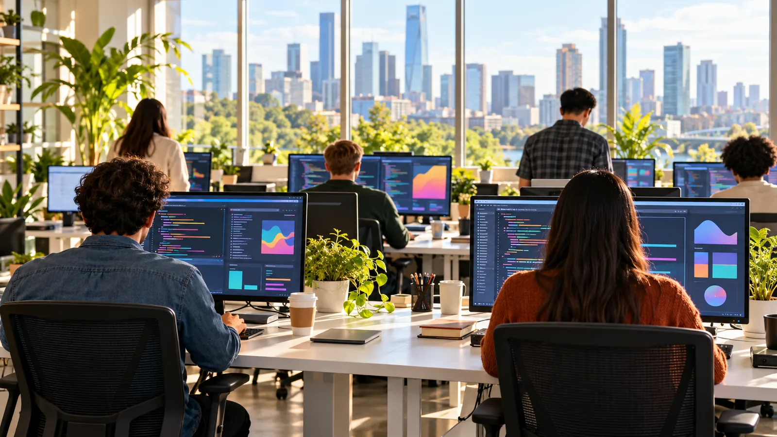 Developers seen from behind at large monitors in a sunlit office