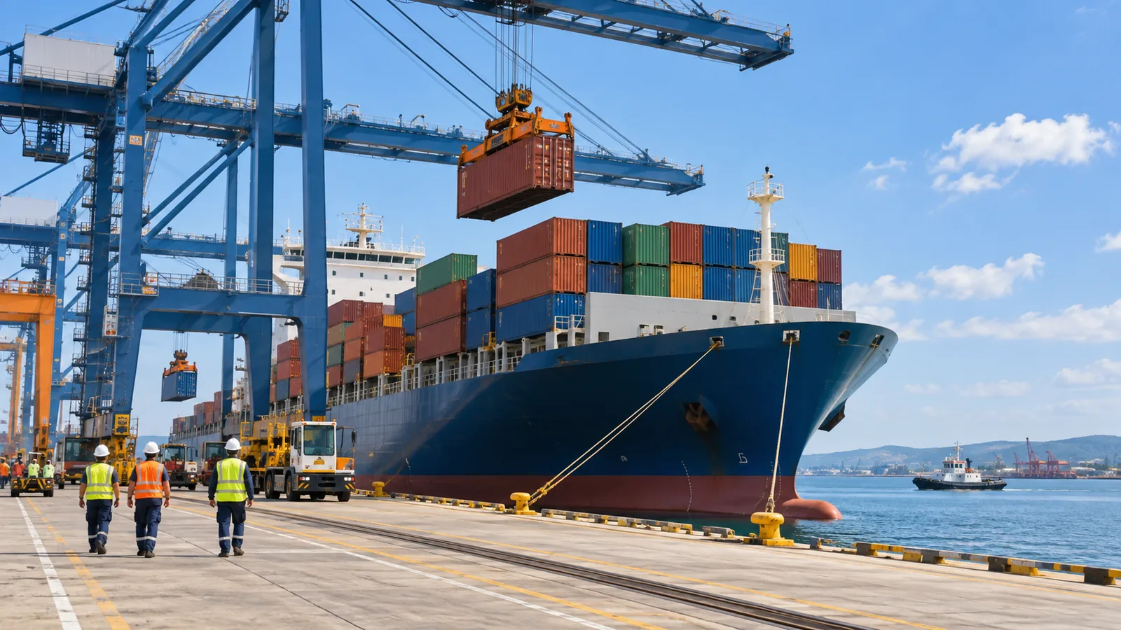 Gantry cranes loading containers onto a ship at a port in clear morning light, calm blue water beyond