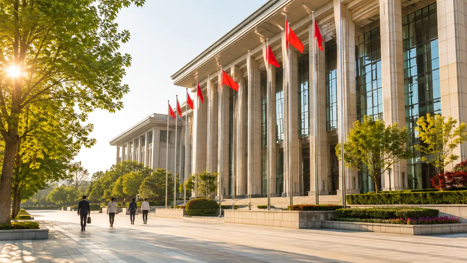 A modern government building facade in warm morning sunlight, with a wide plaza, green trees and a line of flagpoles in front
