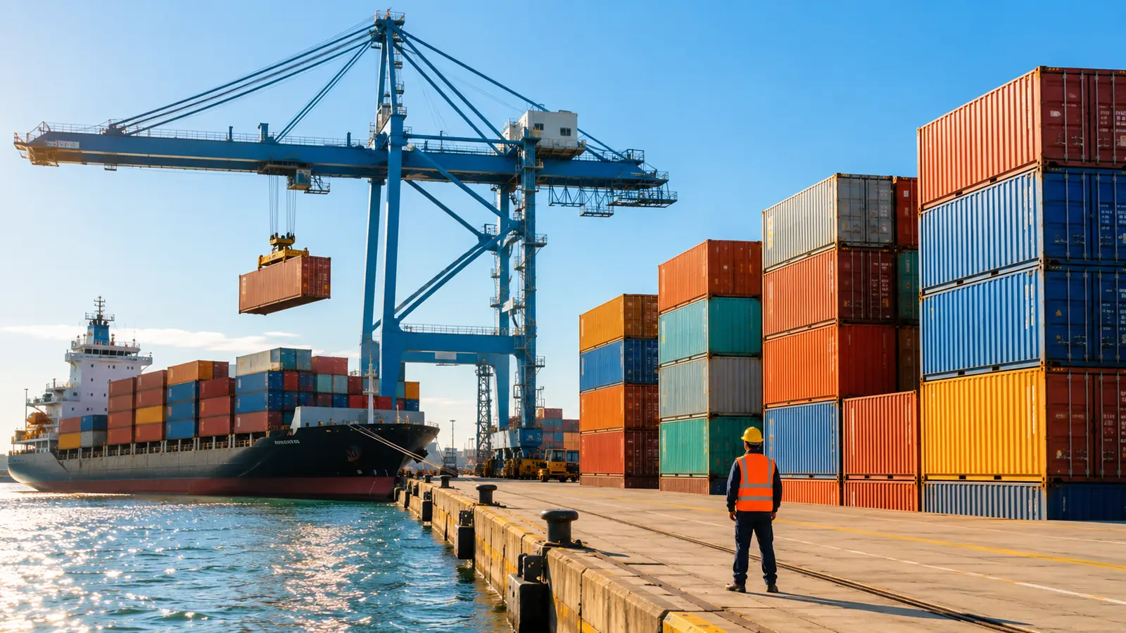 A container port in warm morning light, a gantry crane lifting a container