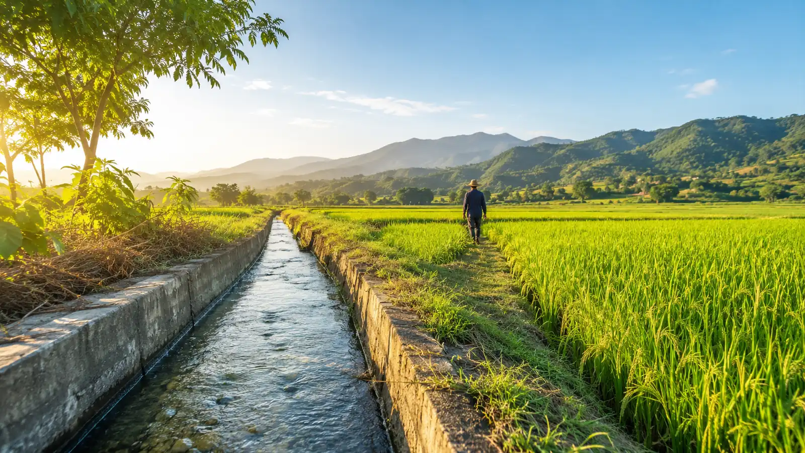 An irrigation canal beside a green rice paddy in morning light, hills in the distance