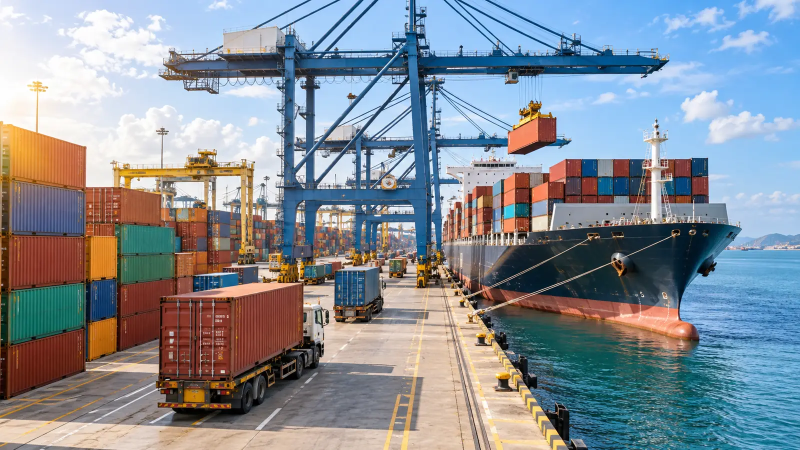 Gantry cranes loading a cargo ship at a sunny container port stacked with colorful containers