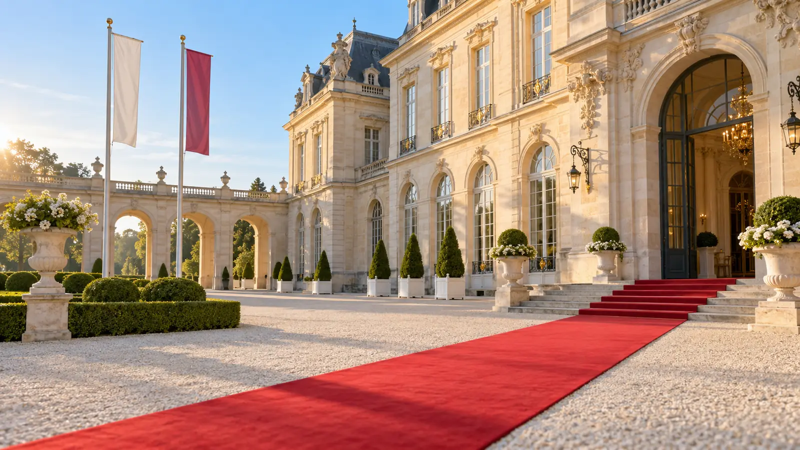 A European palace courtyard in morning light, pale stone facade, a red carpet on gravel and two plain flagpoles