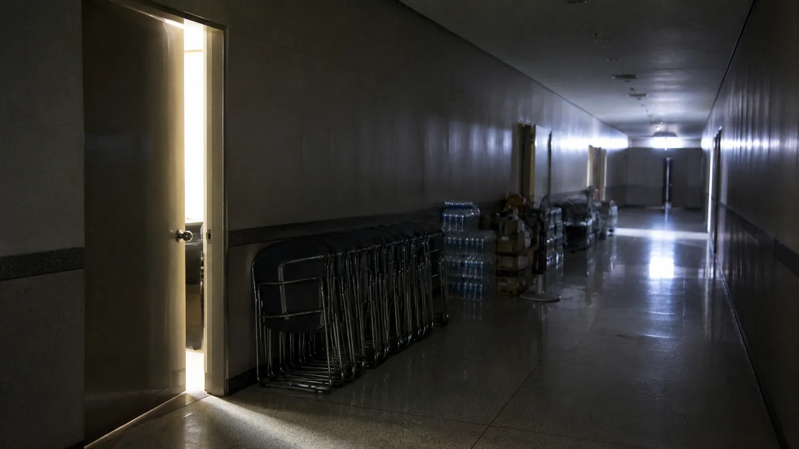 A government corridor at night, situation-room light spilling from a door beside stacked relief water