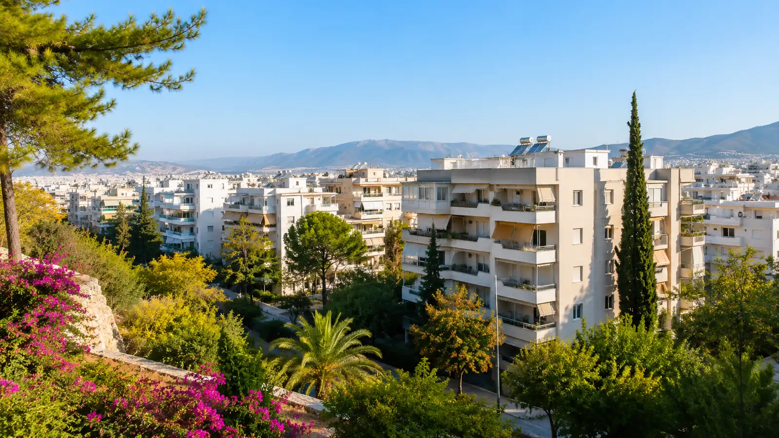 A sunlit apartment neighborhood seen from a hillside in the morning, pale buildings with green trees between them