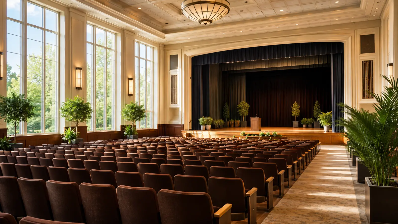 A large civic auditorium in morning light, rows of seats facing a wide stage