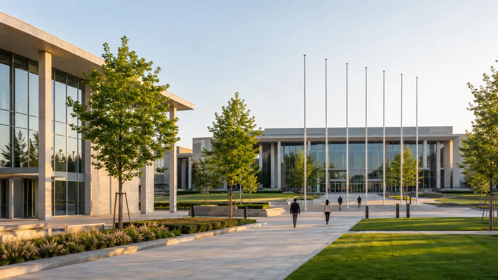A modern low-rise government office complex on a landscaped plaza in warm morning light, with lawns and young trees