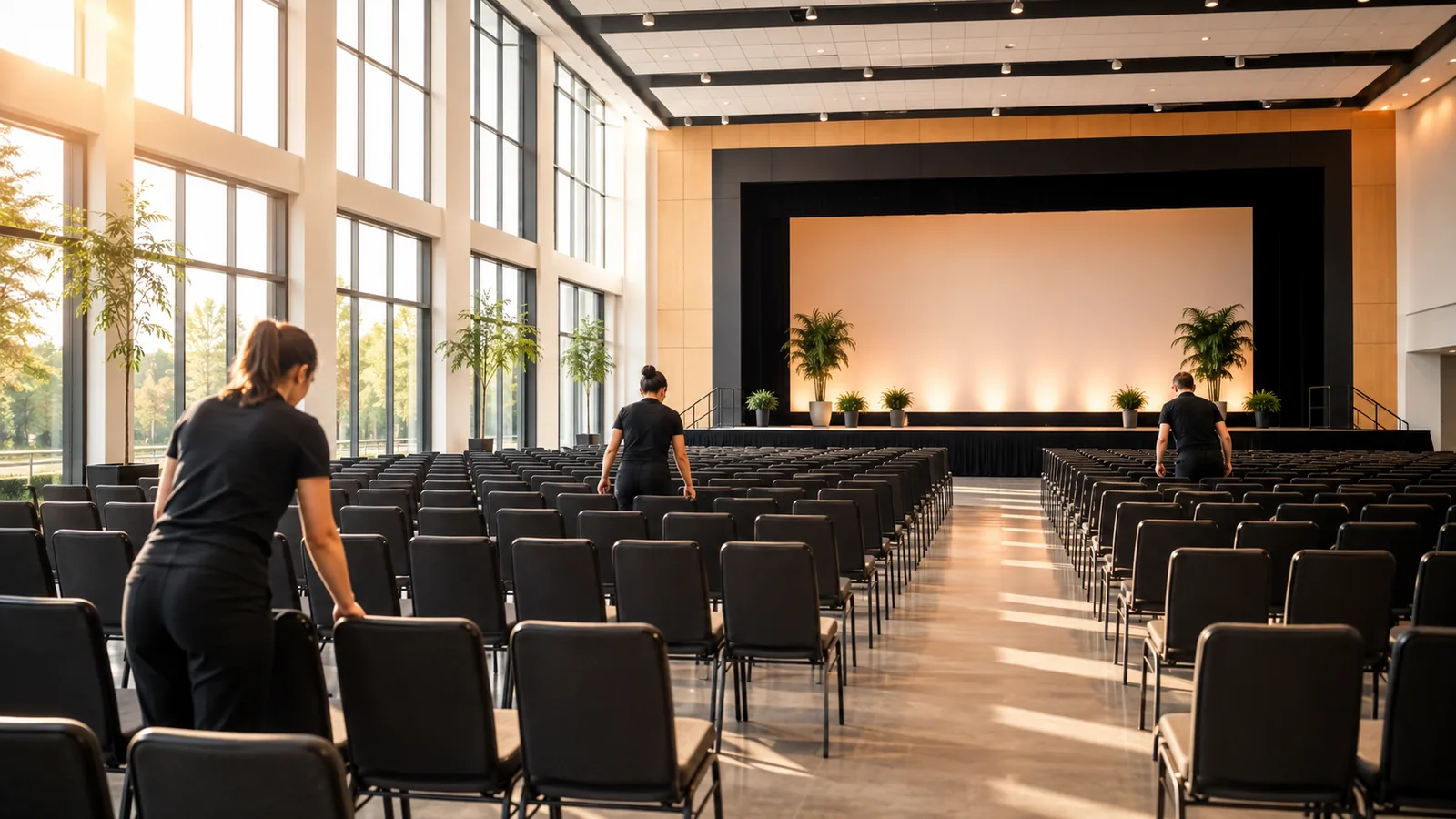 A bright convention hall before an event, rows of empty chairs and staff seen from behind