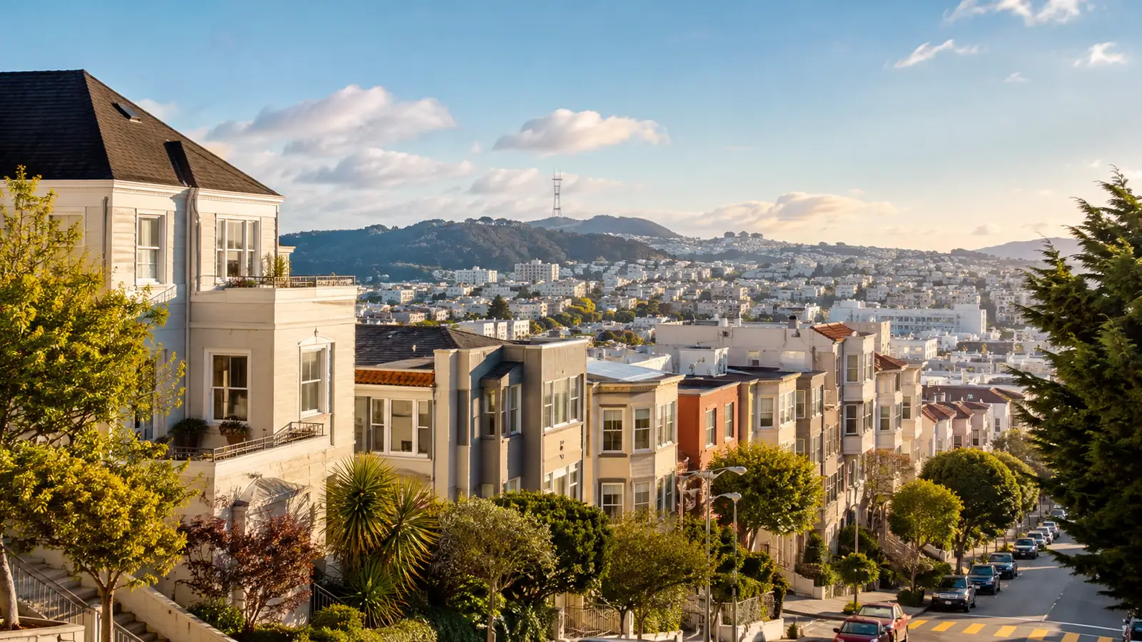 A residential neighborhood in morning light, seen from a hillside