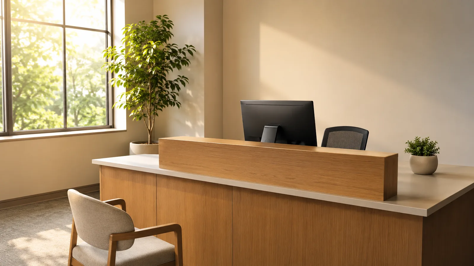 A housing information counter in daylight, brochures on the desk, an applicant seen from behind