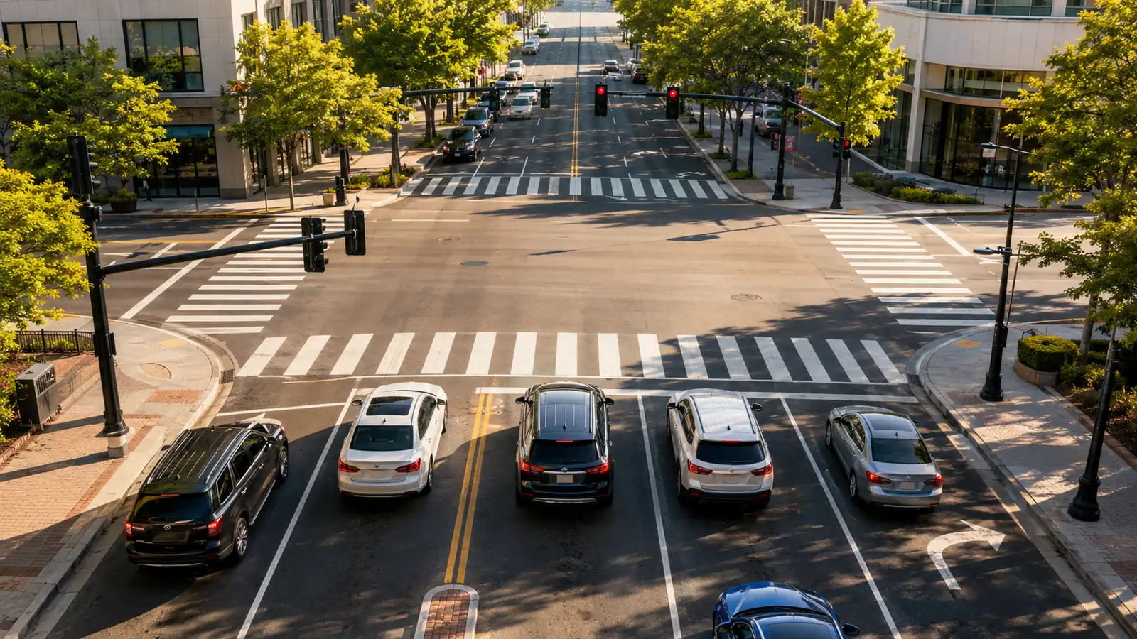 A city intersection from above in late morning light, cars stopped at a signal
