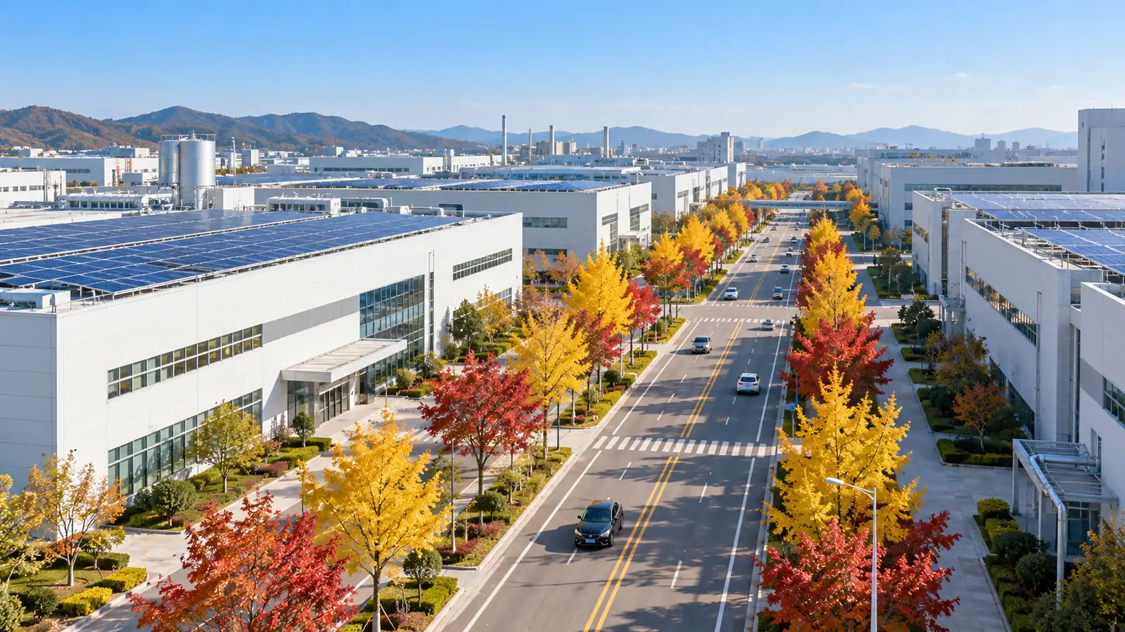 White semiconductor factory buildings beside autumn trees on a clear morning