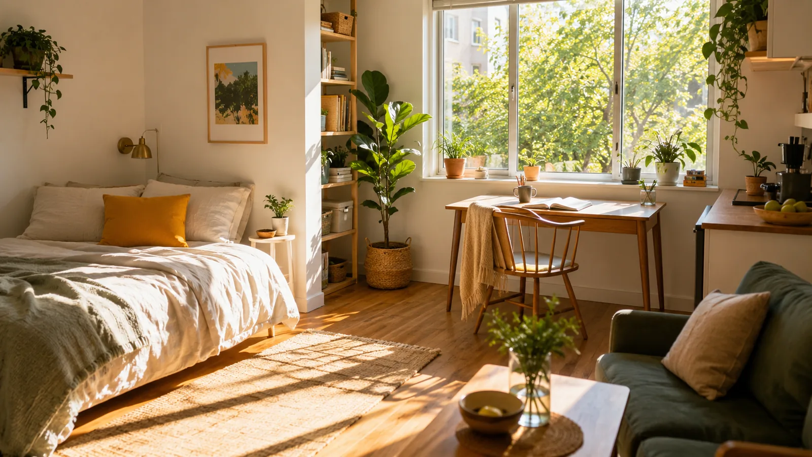 A small studio apartment in morning light, a desk by a window and a wooden floor