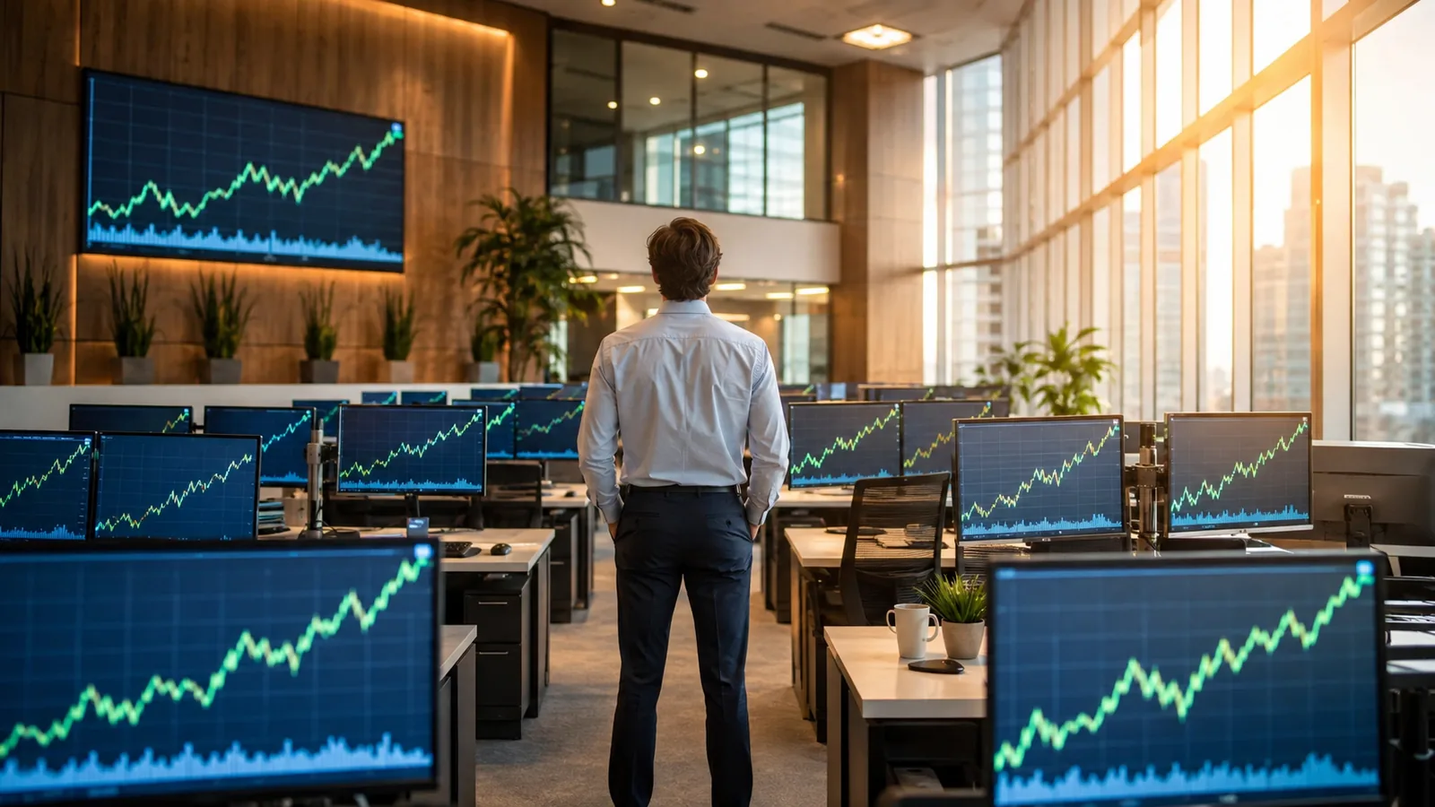 A sunlit trading room in the morning, monitors showing rising lines