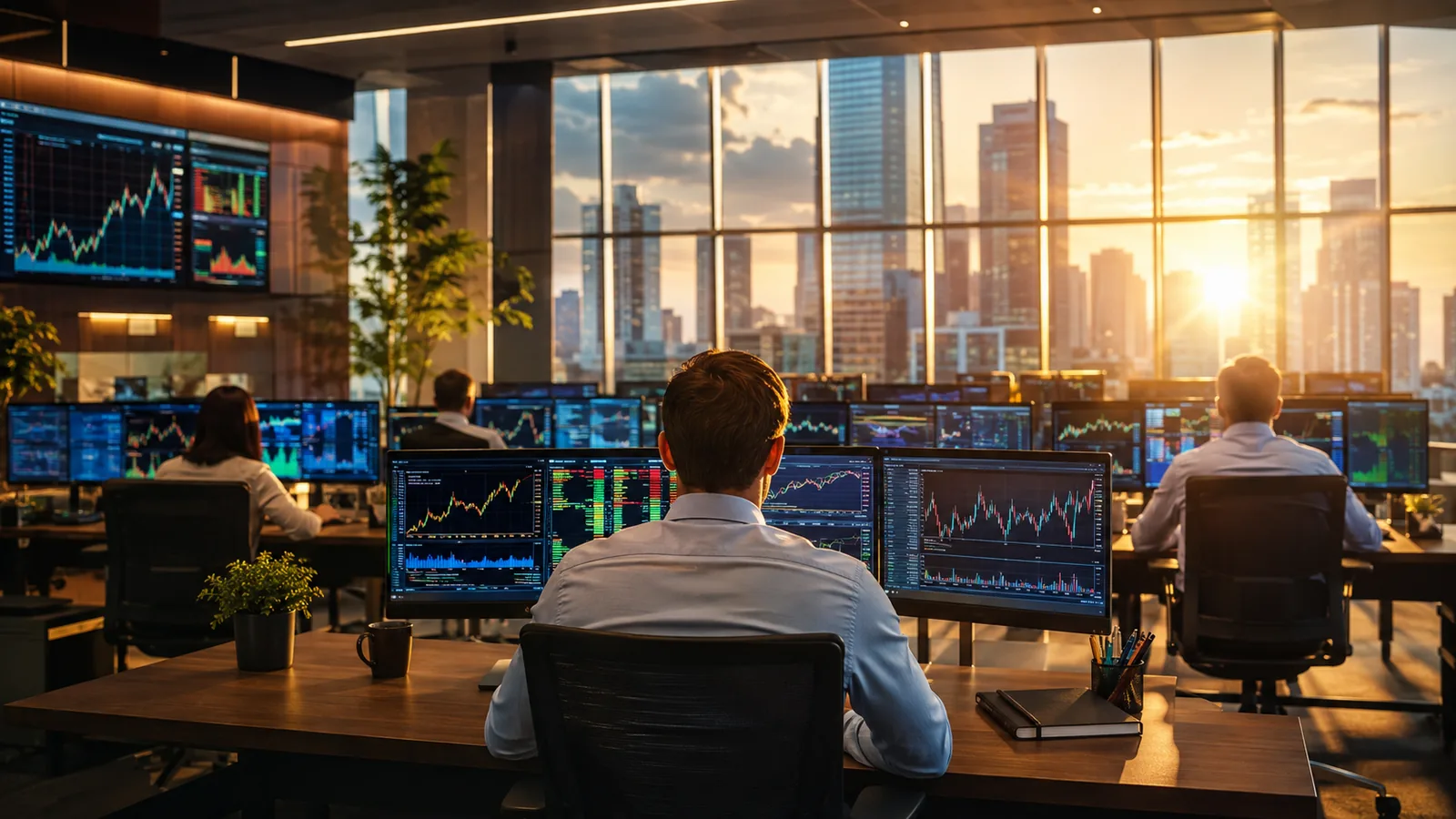 A trading room in warm morning light, rows of monitors and people seen from behind