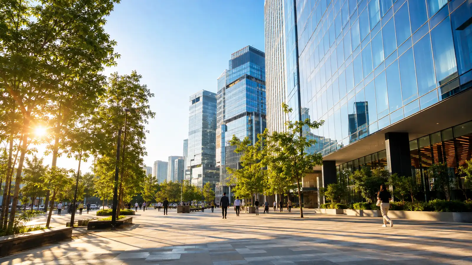 A wide plaza in front of glass office towers with long late-afternoon sunlight across the pavement