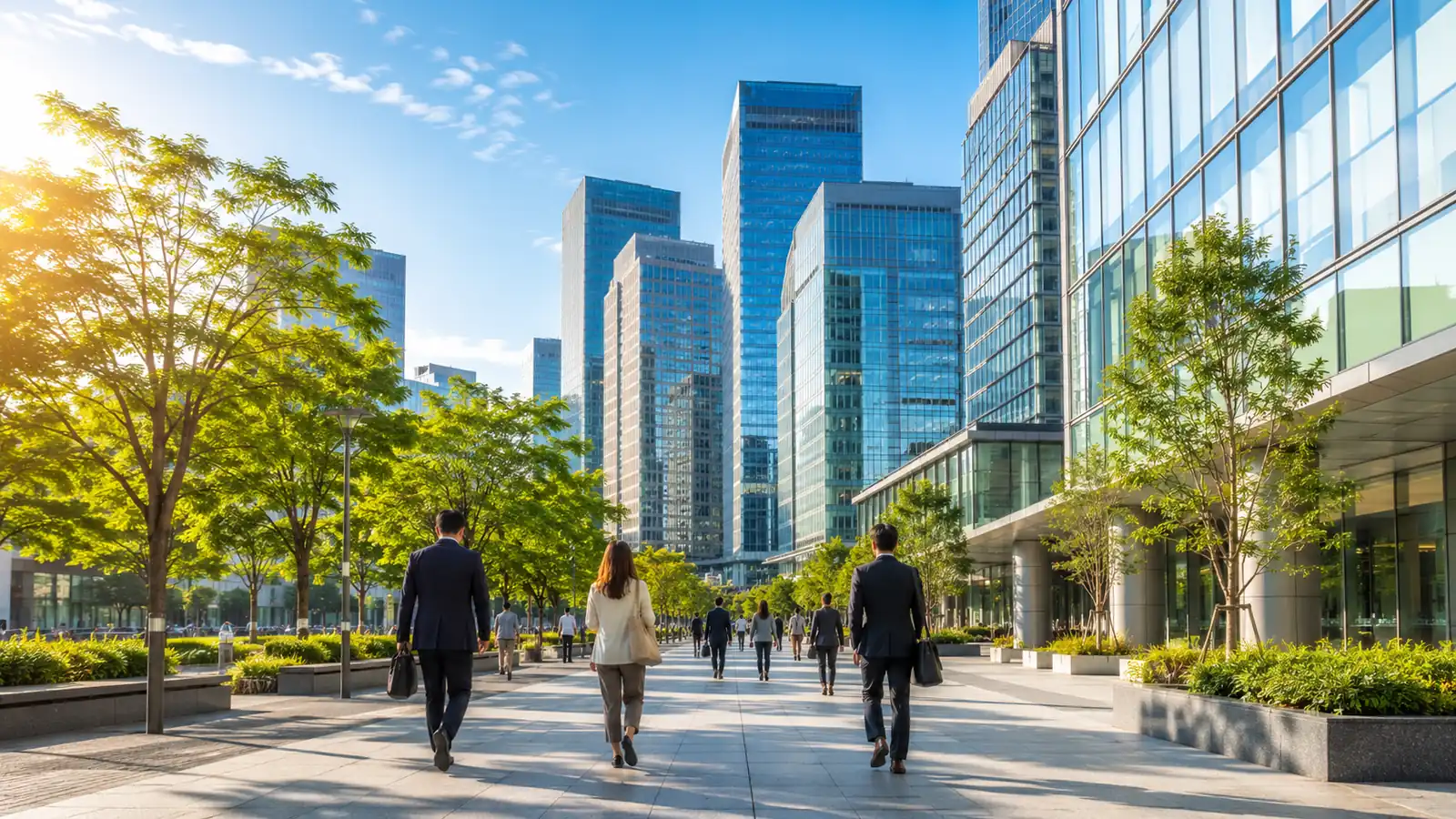 A financial district plaza in warm daylight, glass towers and pedestrians seen from behind