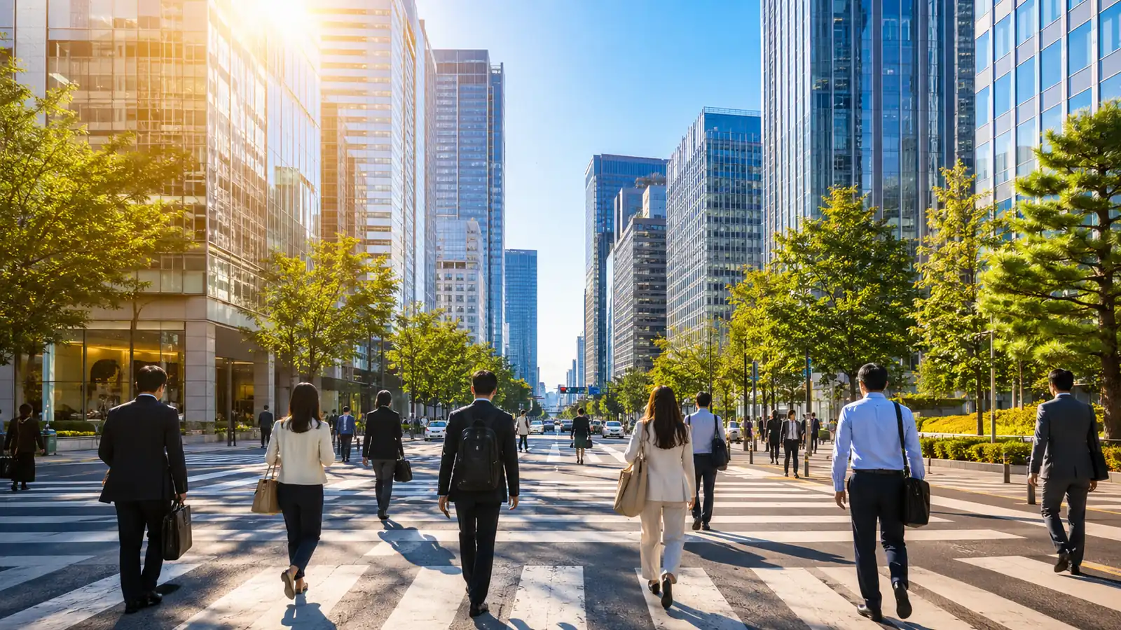 A business-district avenue in clear morning light, glass towers and commuters seen from behind