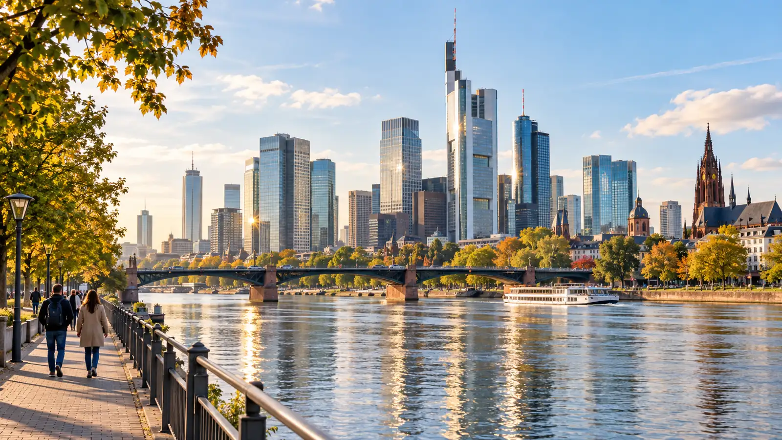 A riverside city skyline in clear autumn daylight, glass towers, a bridge with traffic and trees along the embankment