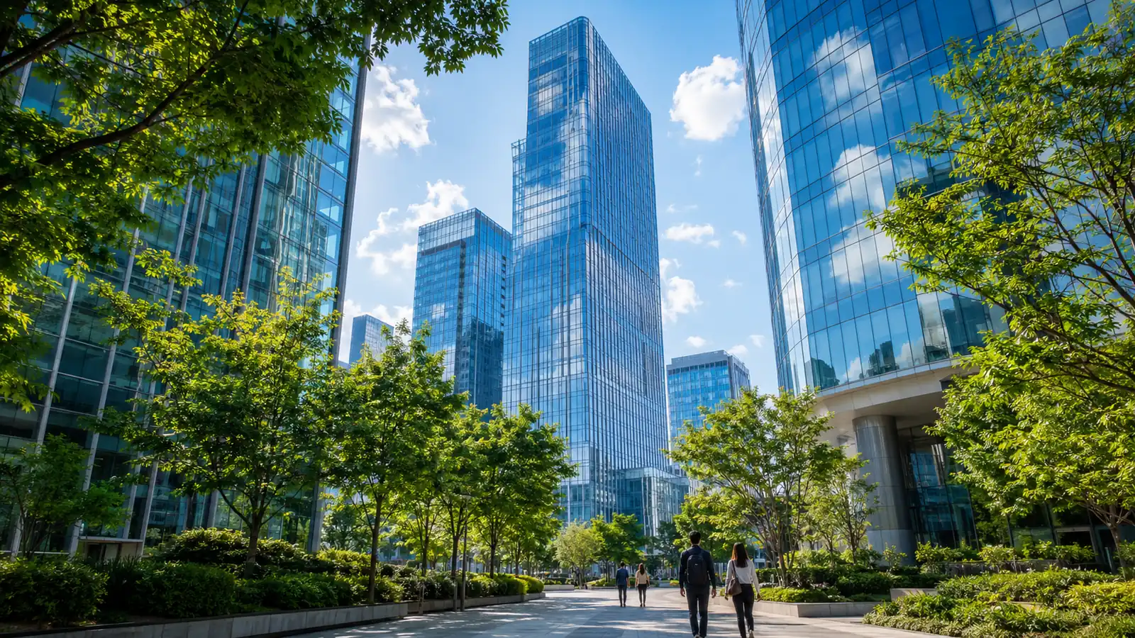 Glass office towers seen from street level at midmorning, blue sky reflected in the facades above green street trees