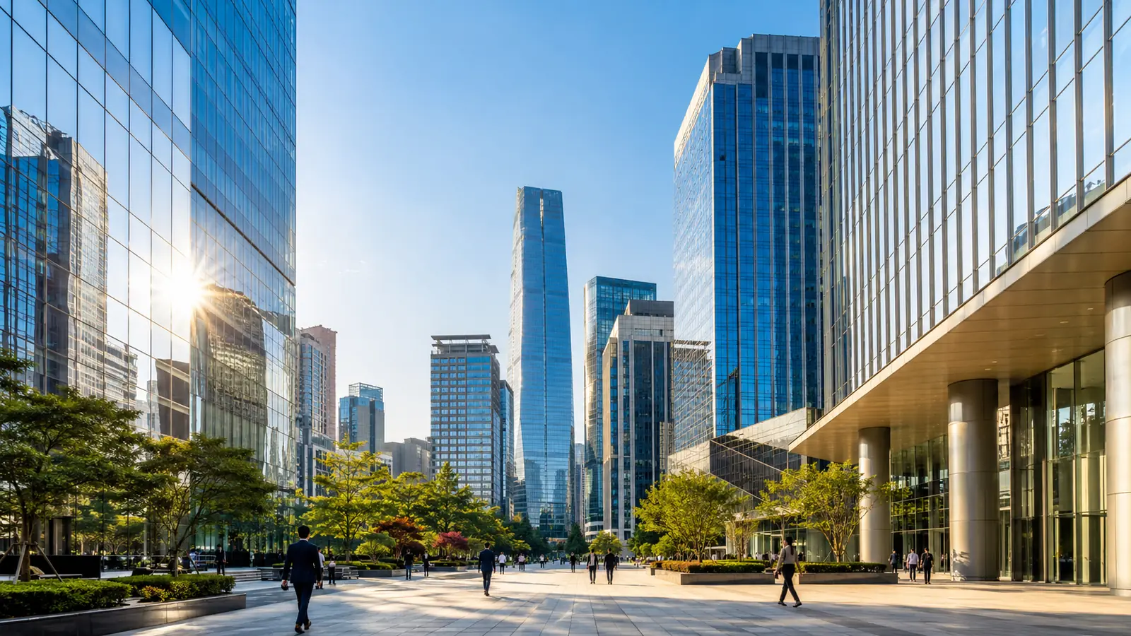 Seoul's financial district in morning sunlight, glass office towers above a wide open plaza