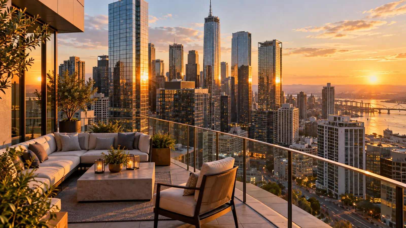 A city financial district at golden hour seen from a rooftop terrace, glass towers catching warm light