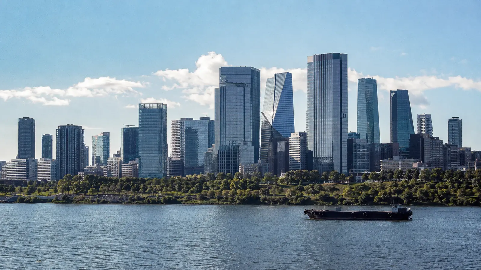 Yeouido's financial towers across the Han river on a bright morning
