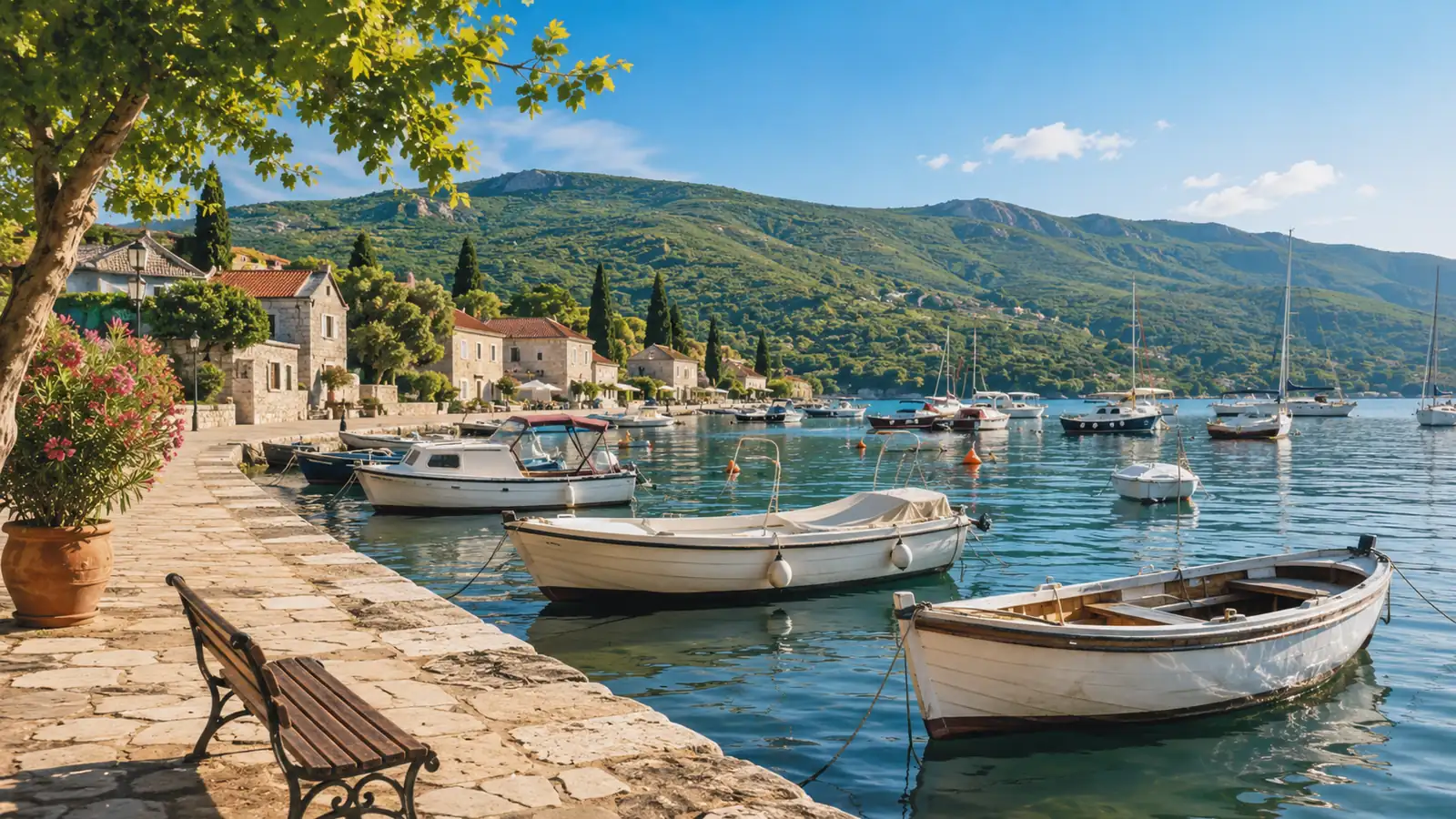 A calm sunlit harbour on a late-summer morning, moored boats on rippled water with green hills behind