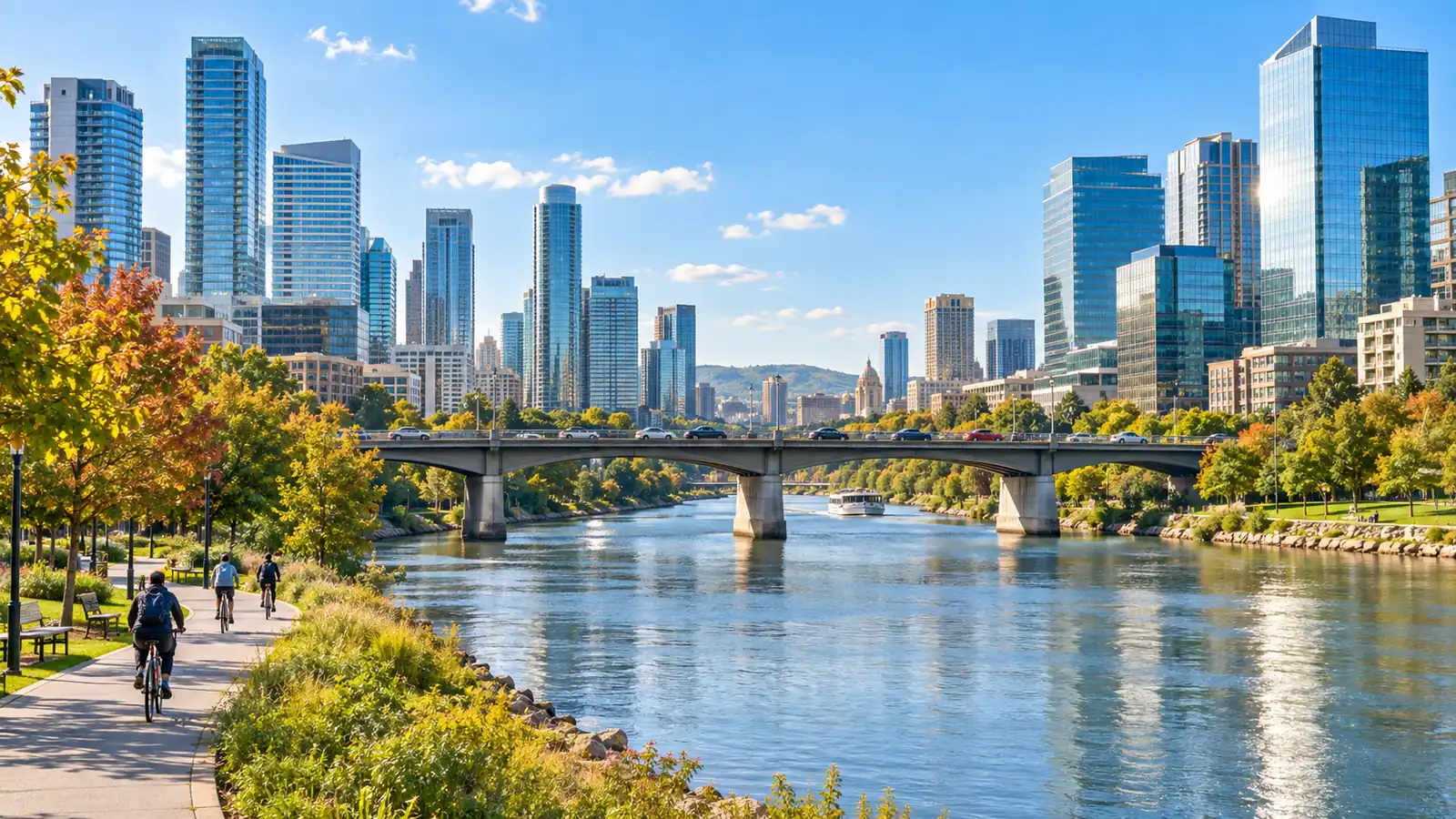 A city river at midday in early autumn, glass towers on both banks and a bridge with light traffic