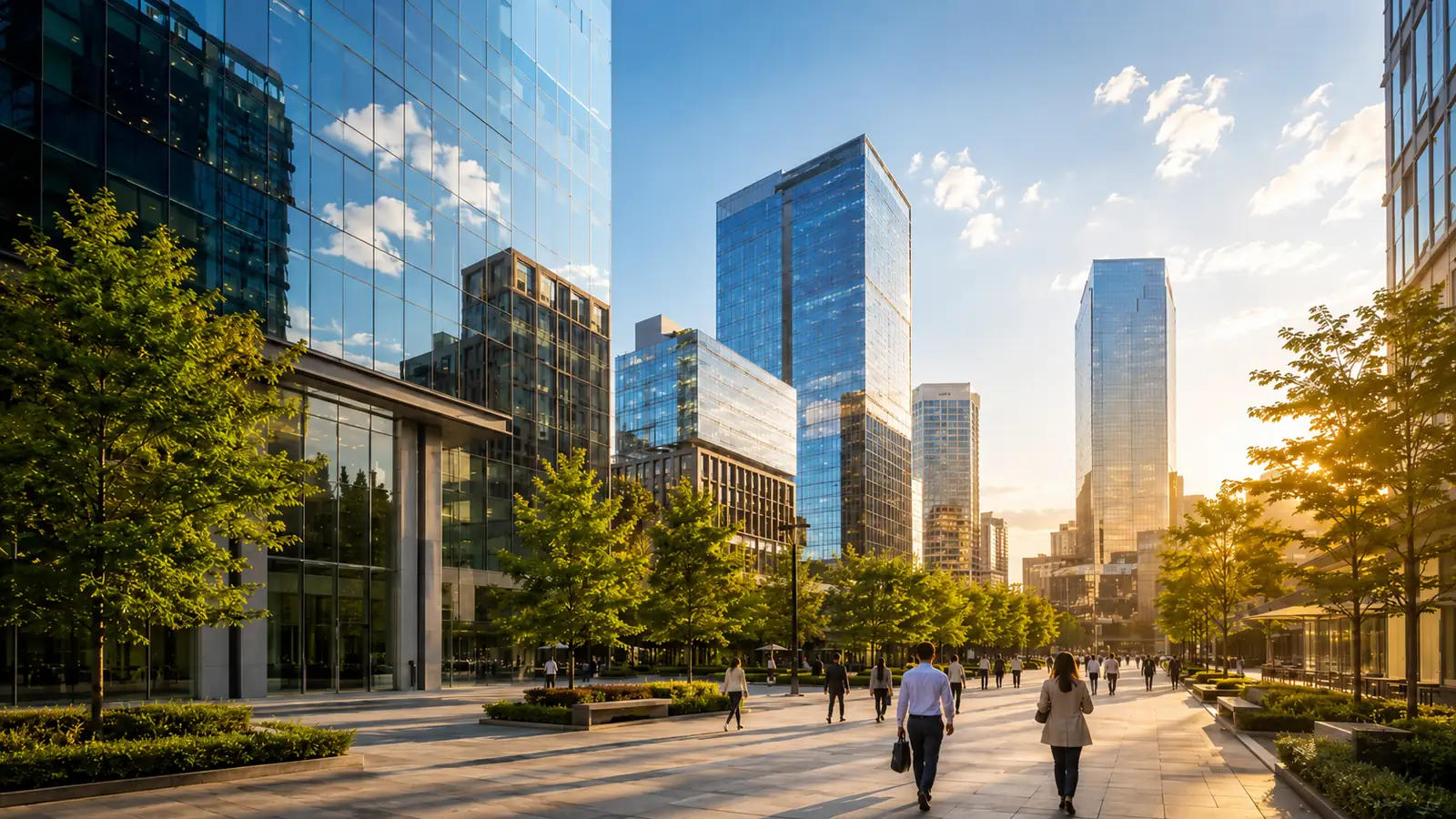 A city financial district in warm late-afternoon light, glass towers reflecting a clear sky above a plaza lined with green trees