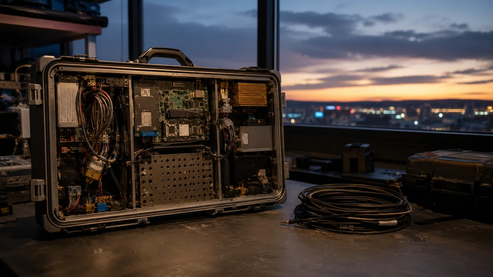 An opened equipment case facing outward on a lab bench at dusk