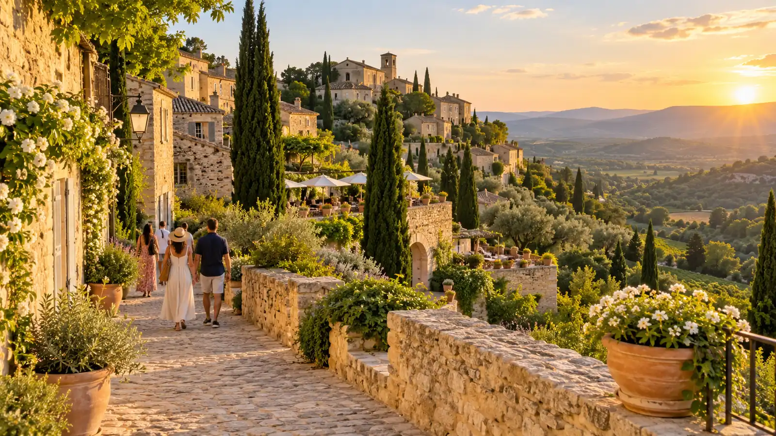 A hilltop village in southern France at golden hour, pale stone walls and cypress trees with distant visitors walking away