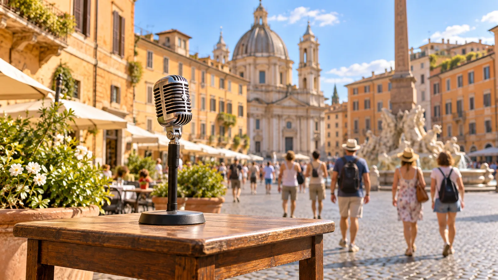 A vintage microphone on a wooden table in a sunlit Roman piazza