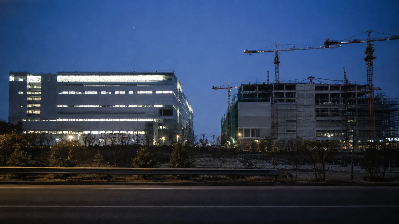 A running fab glowing at night beside its unfinished twin still wrapped in scaffolding