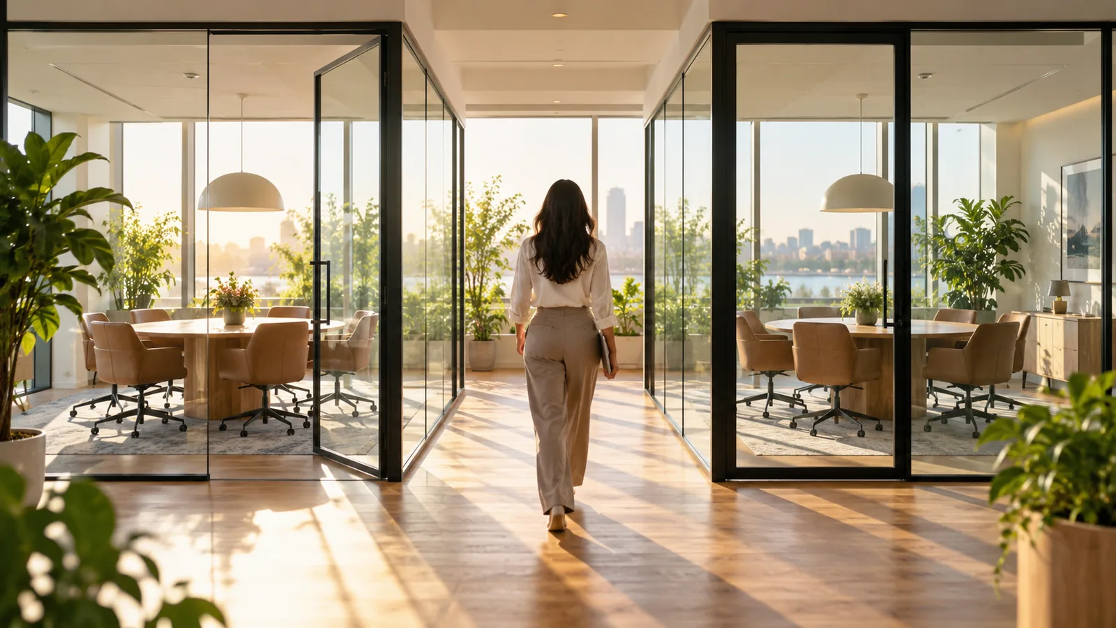 Two identical glass-walled meeting rooms side by side in a sunlit office, one door open and one closed
