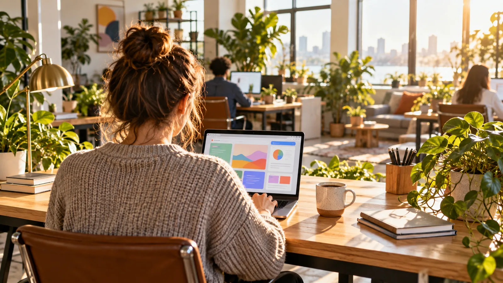 A person seen from behind working on a laptop in a bright office with morning sunlight