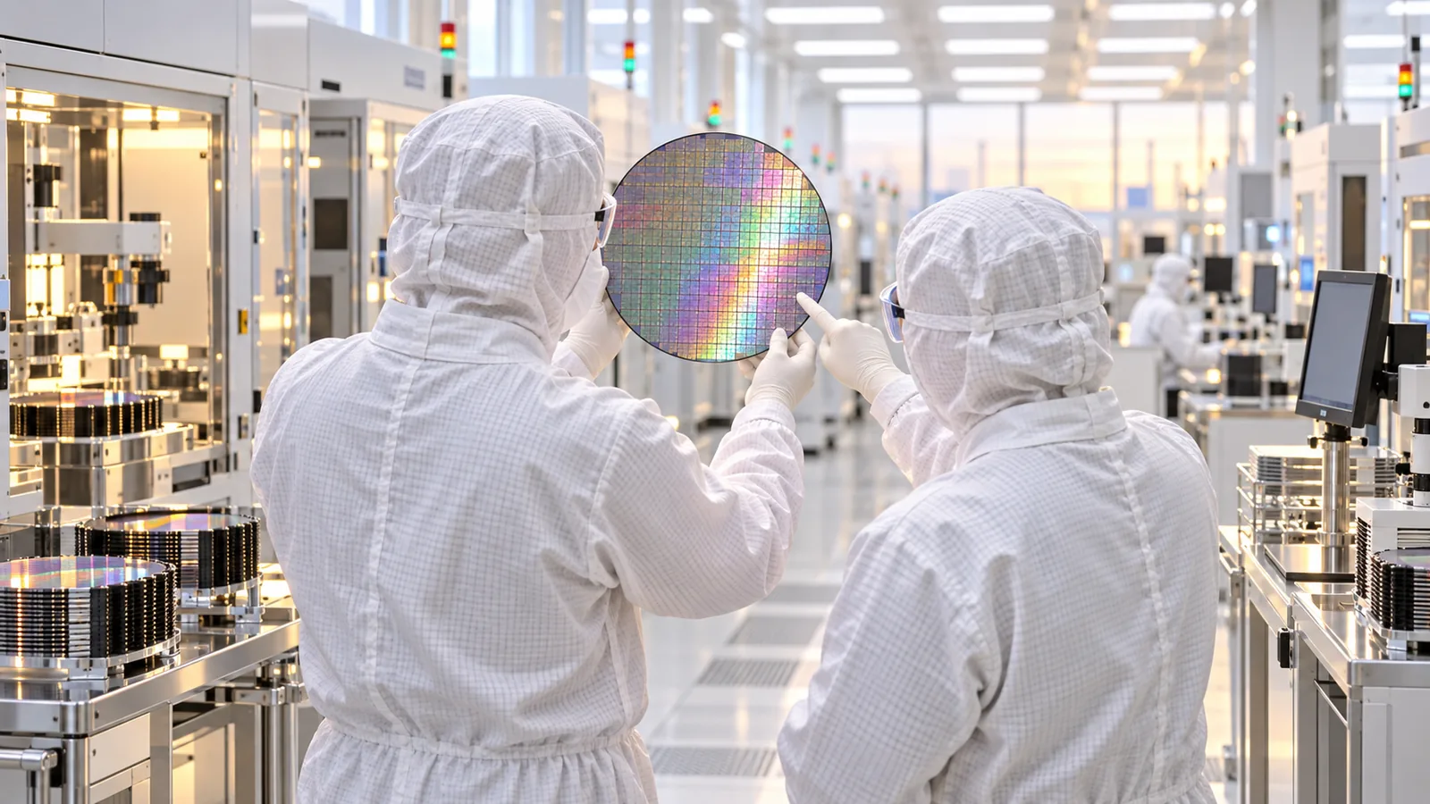 Engineers in cleanroom suits seen from behind inspecting a rainbow-reflecting silicon wafer